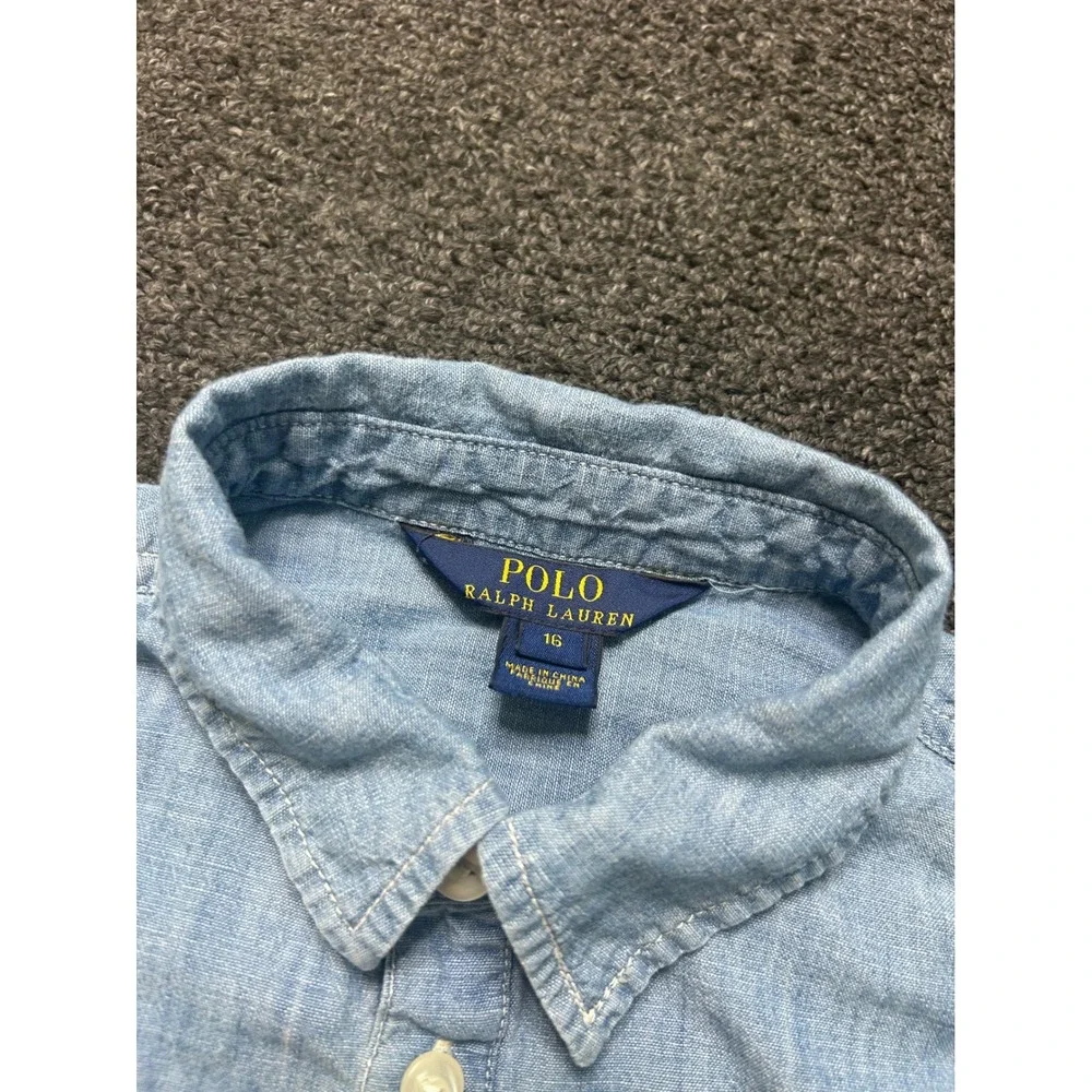 Polo‎ Ralph Lauren Dress Blue Girls 16 Chambray Drop Waist Ruffle Long Sleeve